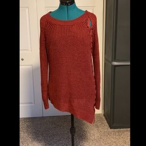 Red-orange Asymettrical Knit laceup Sweater